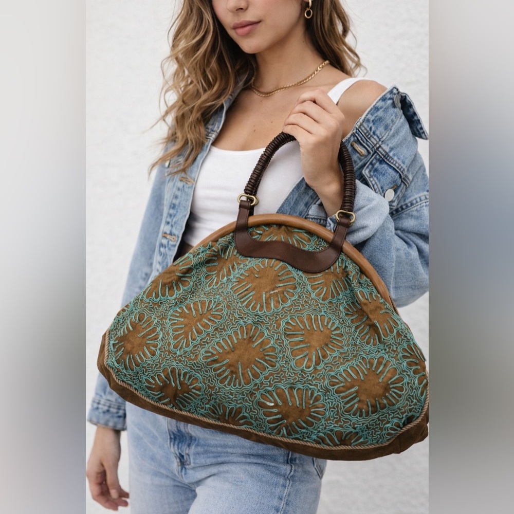 Tocca Brown Embroidered Satchel with‎ Wooden Handles